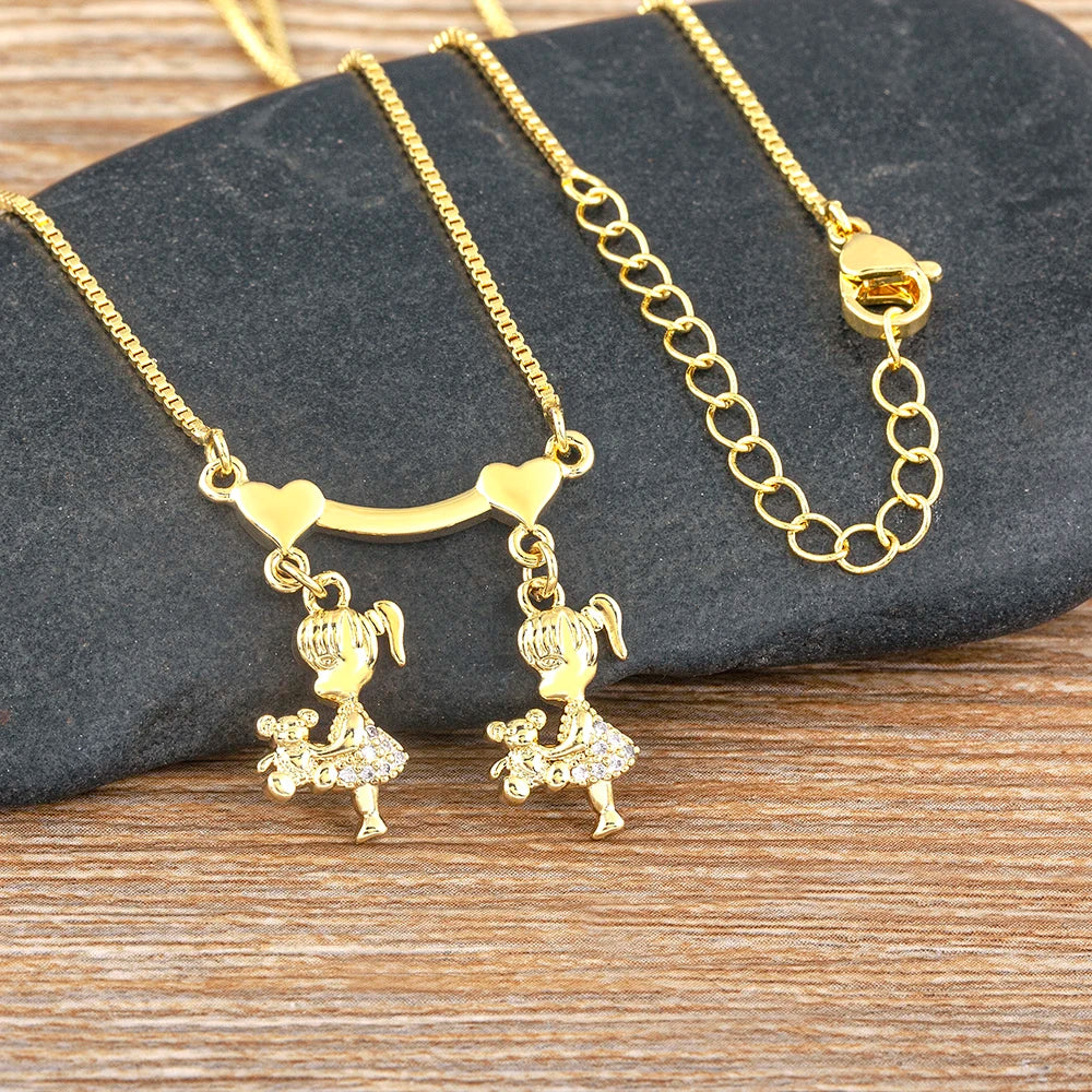 Nidin Gold-Plated Mom and Daughter Pendant Necklace with Cubic Zirconia, Elegant Mother's Day Jewelry Gift
