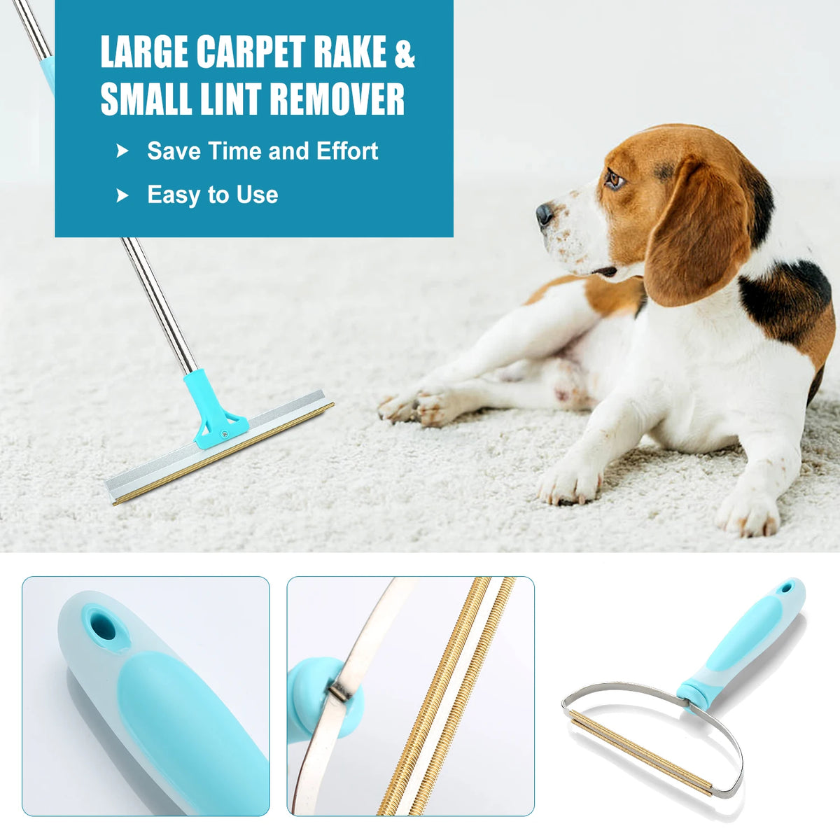 Pet Hair Remover Set – Adjustable Long-Handle Carpet Rake &amp; Lint Brush