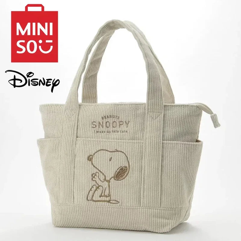 MINISO Disney Snoopy Corduroy Tote Bag - Casual Large Capacity Zipper Shoulder Handbag for Students