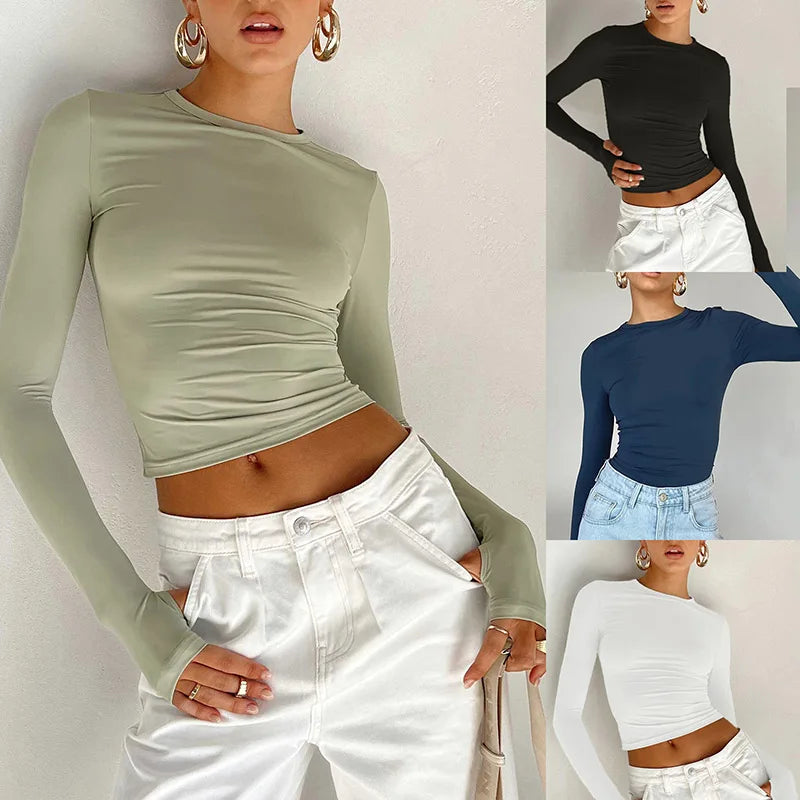 Fashion Women’s Long Sleeve Crew Neck T-Shirt: Slim Fit Crop Top with Thumb Holes for Summer Streetwear