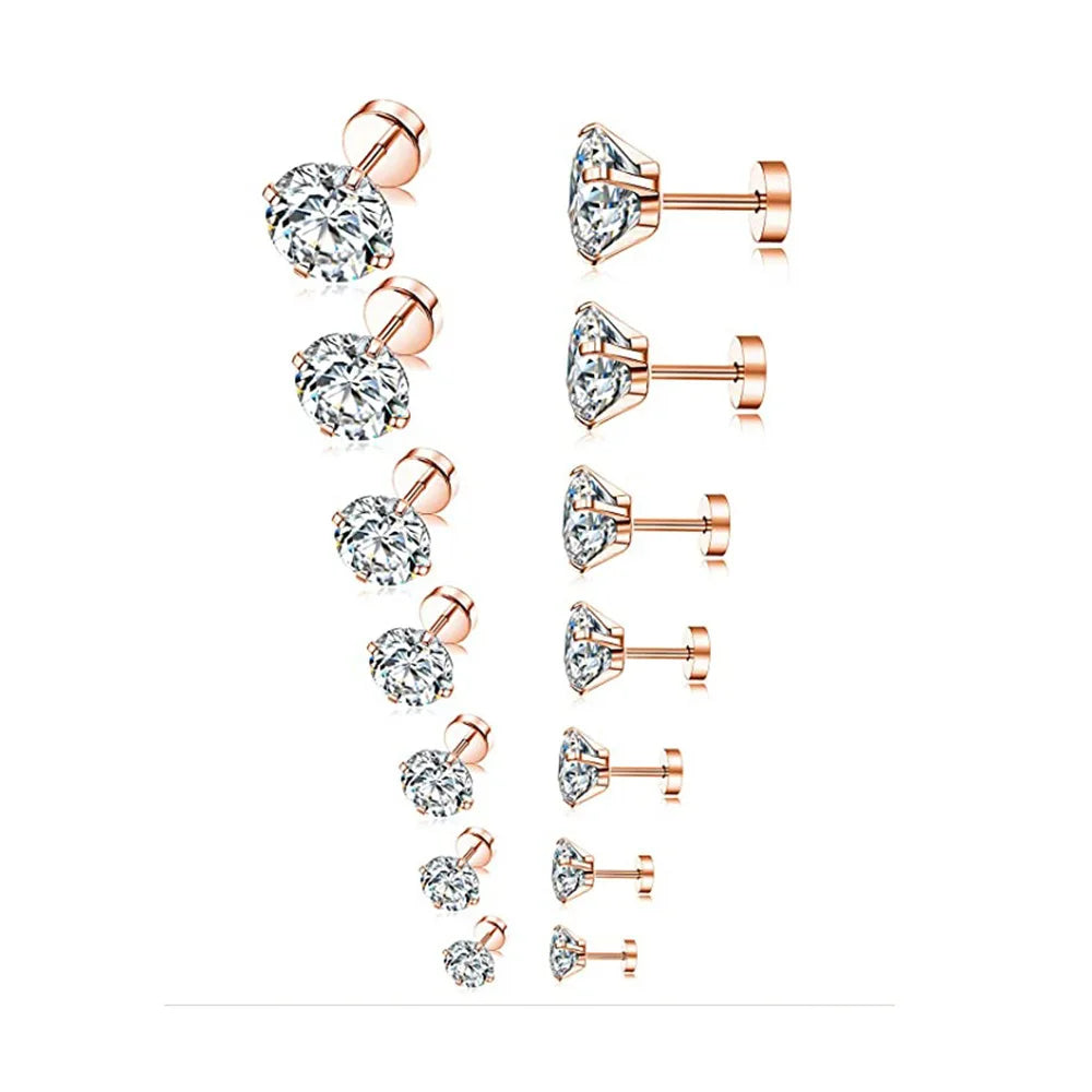 Stainless Steel Crystal Flat Stud Earrings – Round Cubic Zirconia Screw-Back for Tragus Piercing, Unisex Jewelry