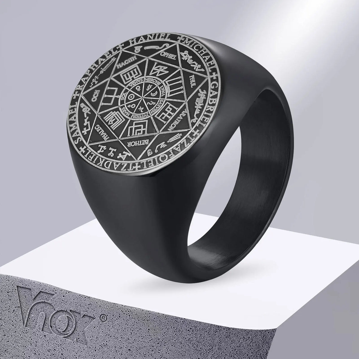 Vnox Vintage Seven Seals of Angels Ring for Men, Stainless Steel Metatron Cube Triquetra Stamp Ring, Chunky Punk Fashion Jewelry