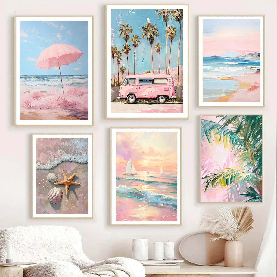 Pink Coastal Beach Umbrella Print: Preppy Canvas Poster for Girly Dorm and Living Room Decor