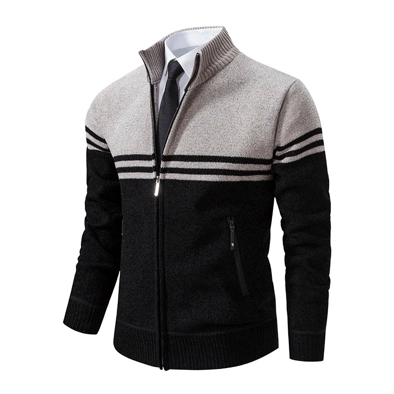 Men&#39;s New Winter Sweater Thick Fleece Warm Sweater Casual Stand Collar Zipper Cardigan Fashion Striped Coat