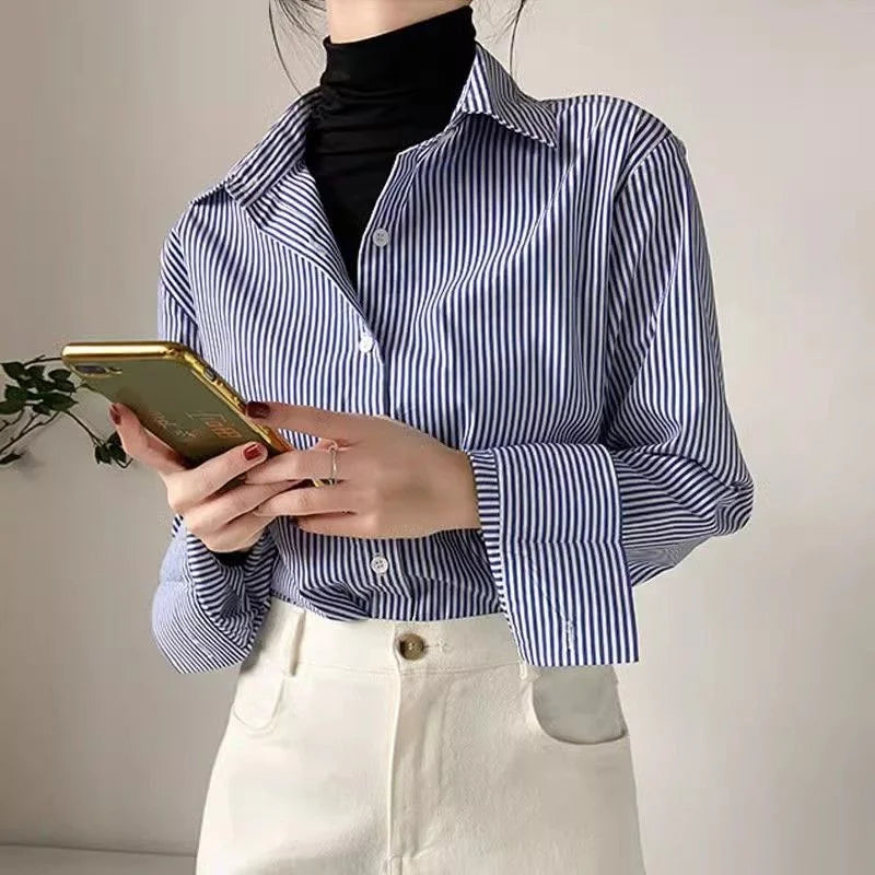 Women&#39;s Classic Striped Blouse: Loose Fit with Lantern Sleeves &amp; Stand Collar for Spring &amp; Autumn