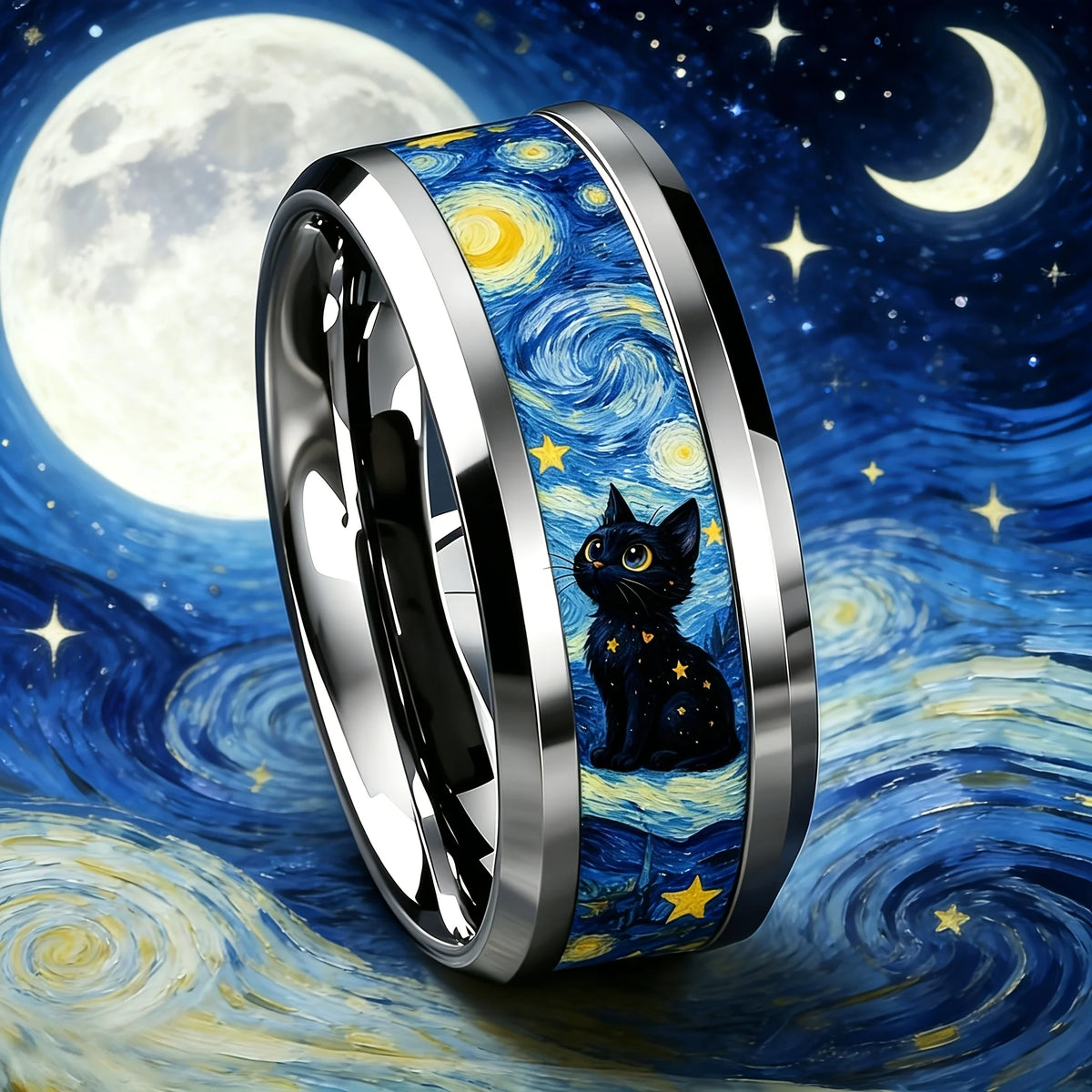 Vintage Cat Moon and Stars Art Ring, Classic Oil Painting Style Stainless Steel Ring for Women and Men Fashion Jewelry Gift