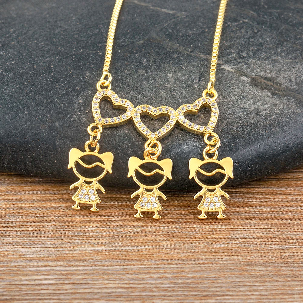 Nidin Gold-Plated Mom and Daughter Pendant Necklace with Cubic Zirconia, Elegant Mother's Day Jewelry Gift