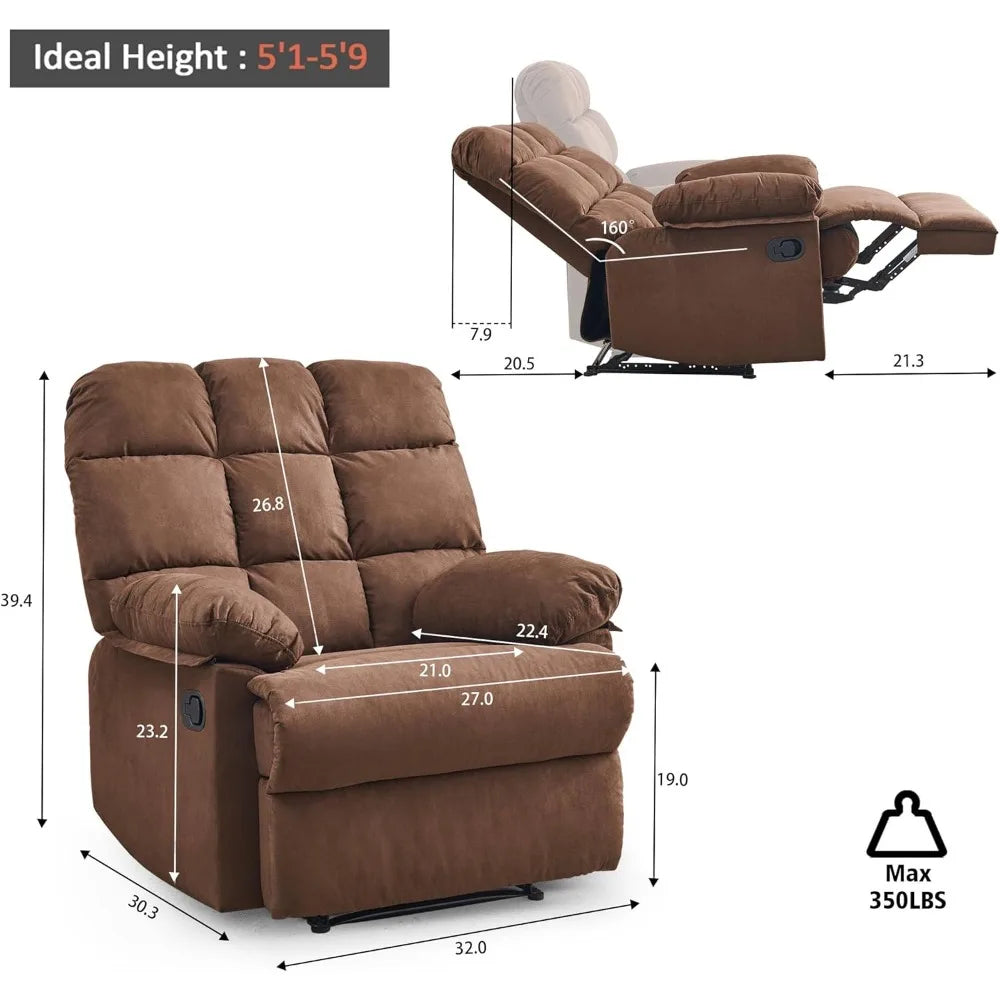 Rocker Recliner Chair for Adults: Overstuffed Manual Reclining Sofa in Soft Upholstered Fabric