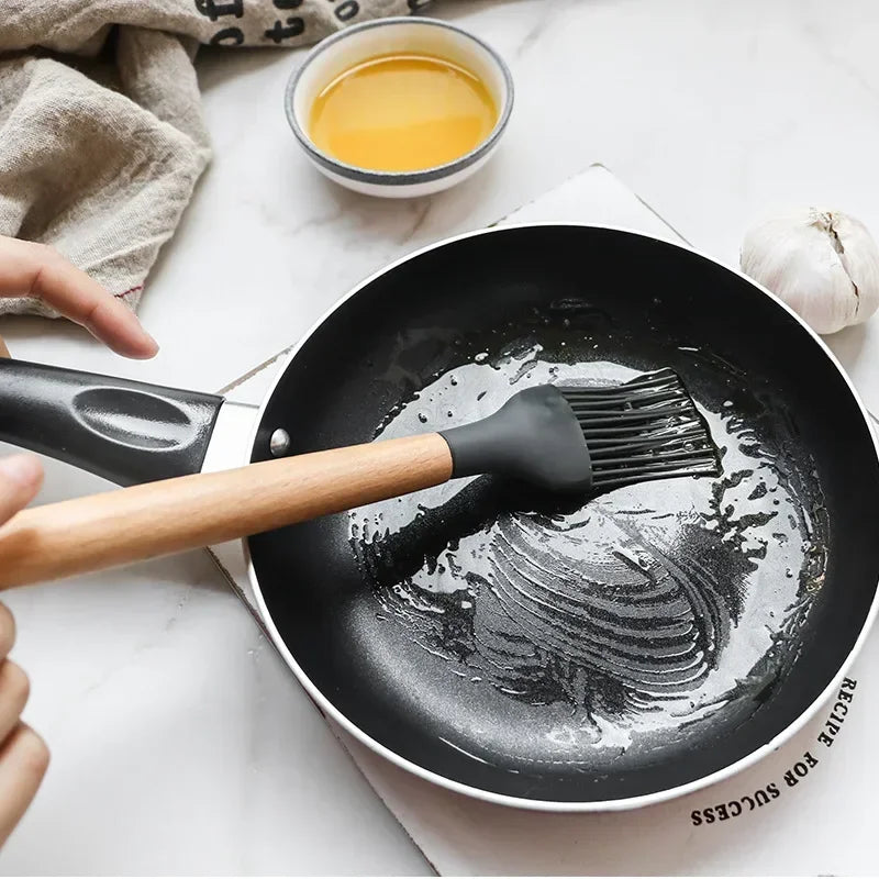 12 PCS Non-Stick Silicone Cookware Set: Kitchen Utensils with Wooden Handles – Includes Spatula, Shovel, and Egg Beaters