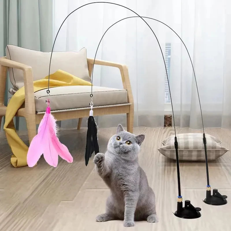 Interactive Feather Wand Cat Toys: Detachable Kit with Suction Cup and 2 Replacement Feathers