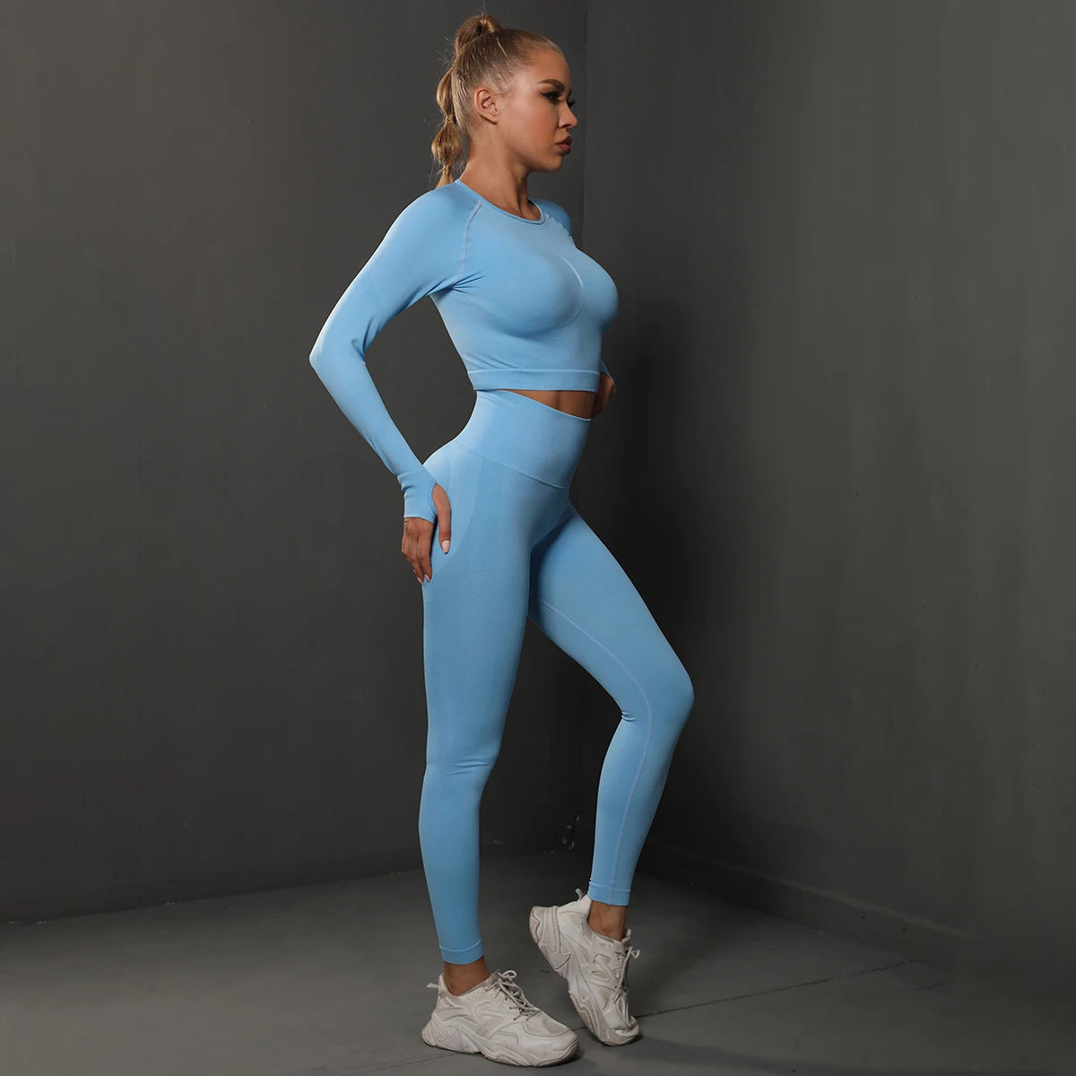 2-Piece Women&#39;s Seamless Gym Set: Bubble Butt Sports Pants &amp; Long Sleeve Top for Activewear