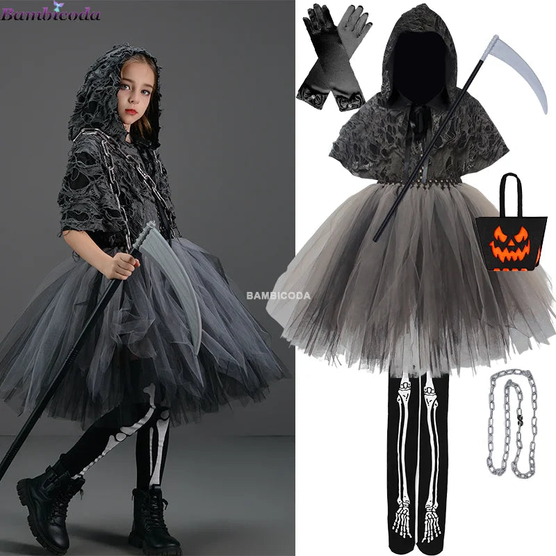 Halloween Grim Dress – Horror Death Cosplay Black Cloak Costume for Kids, Girls&#39; Party Clothes