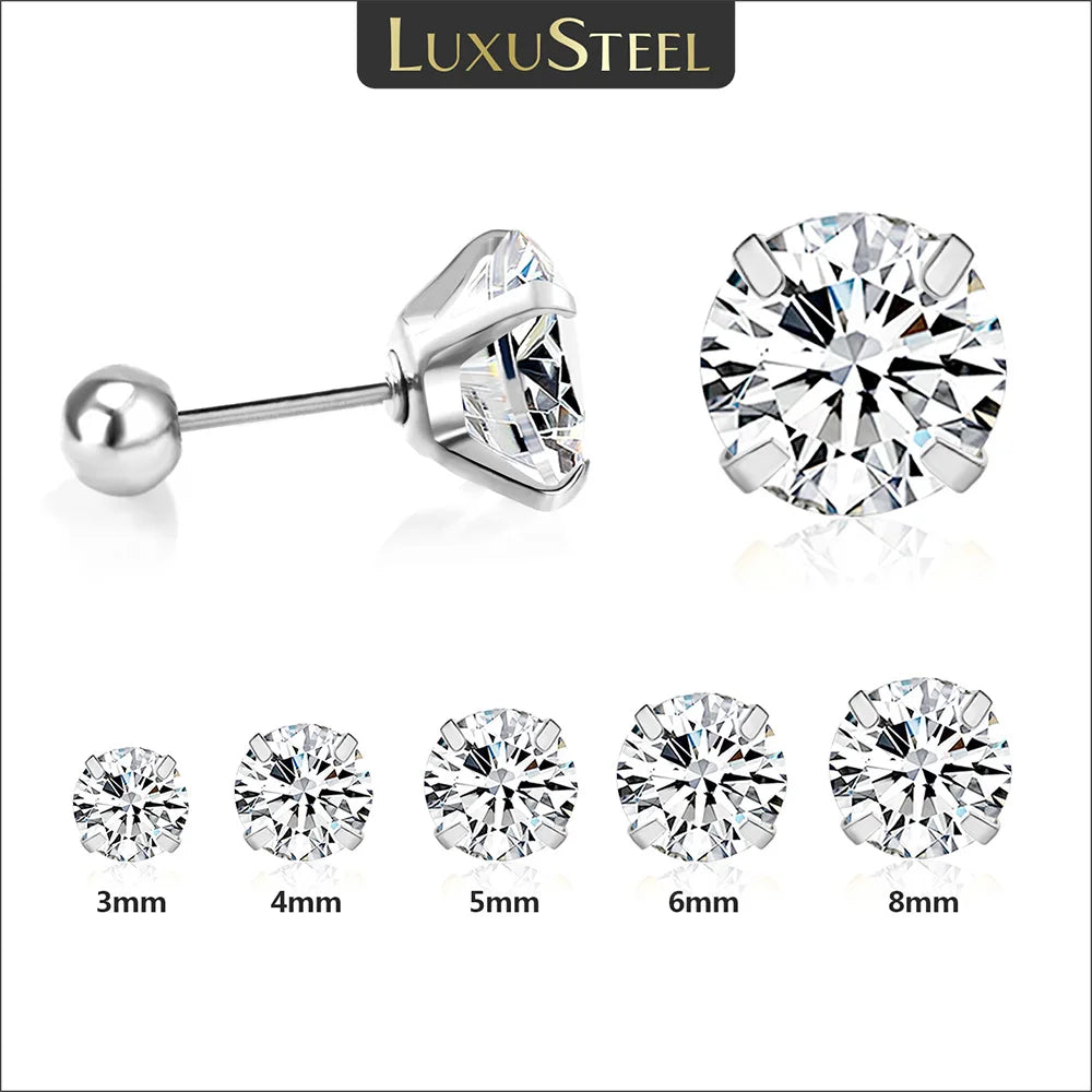 Shiny Crystal Zircon Stud Earrings – Round Beads with Screw Back, Stainless Steel, Available in 3-8mm for Men and Women