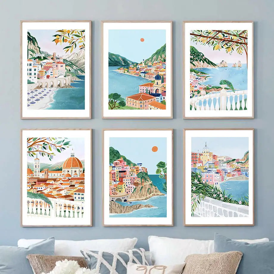 Amalfi Coast, Lake Garda, Sicily, Lake Como Art Print: Nordic Canvas Poster for Living Room Decor