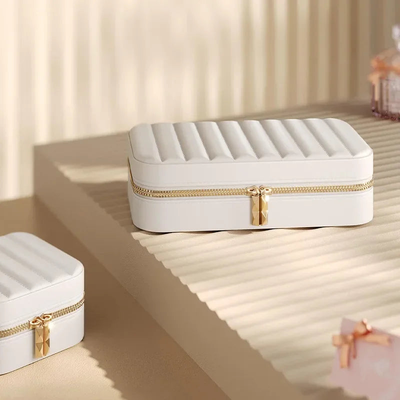 Portable Large Capacity Jewelry Storage Box with Double Metal Zipper, Mirror Compartment for Earrings, Necklaces and Accessories