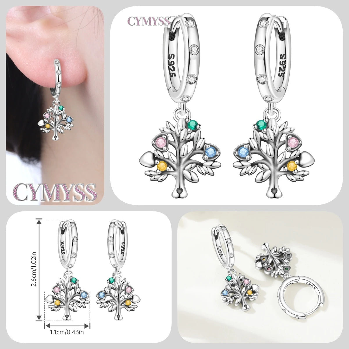 Original 925 Sterling Silver Pink Paw Print Earrings with Zircon, Heart Flower and Leaf Design, Elegant Women's Party Jewelry Gift