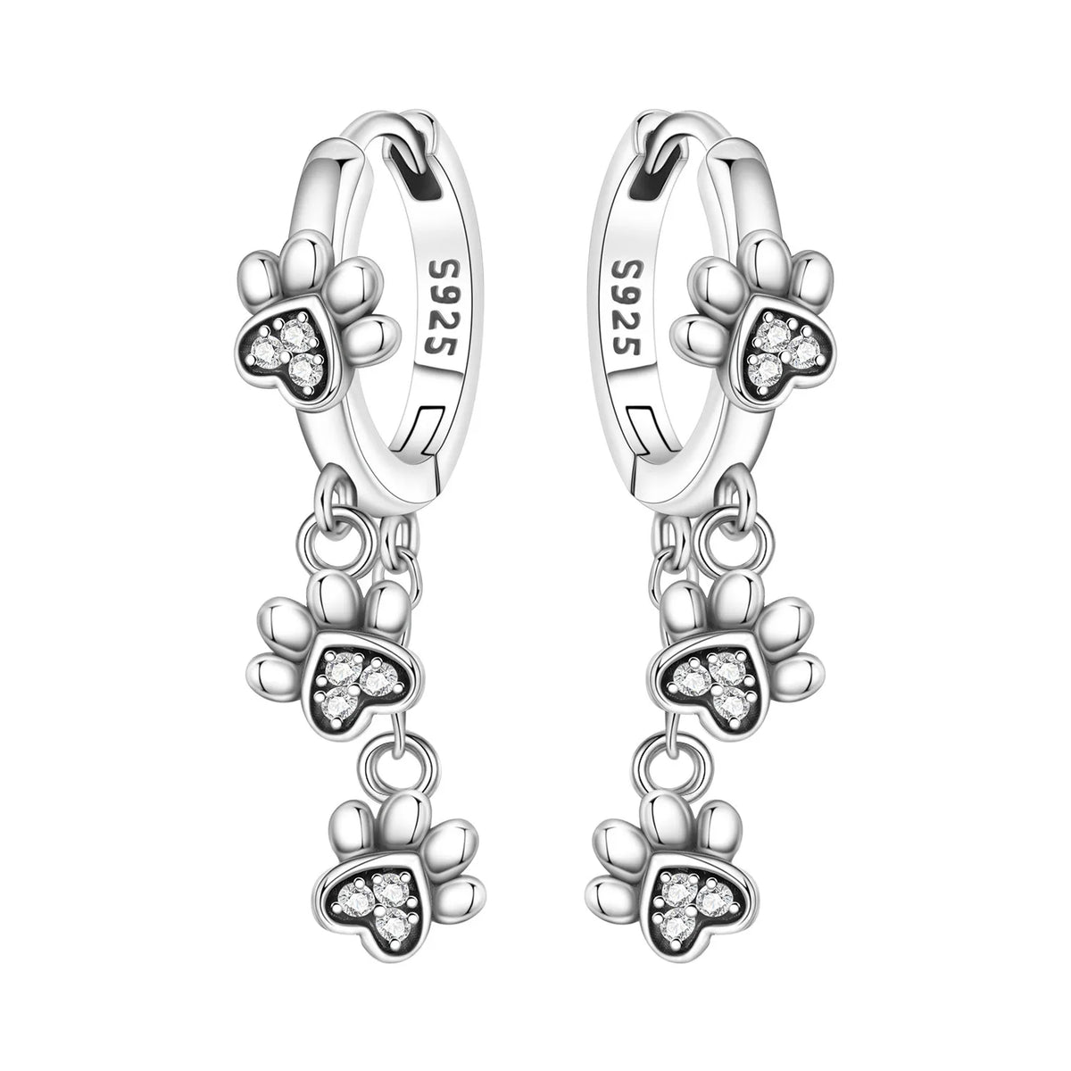 Original 925 Sterling Silver Pink Paw Print Earrings with Zircon, Heart Flower and Leaf Design, Elegant Women's Party Jewelry Gift