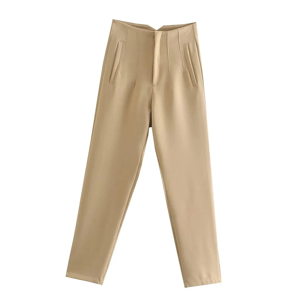 Women’s Casual Solid Pants: Vintage High-Waist Ankle Trousers with Pockets