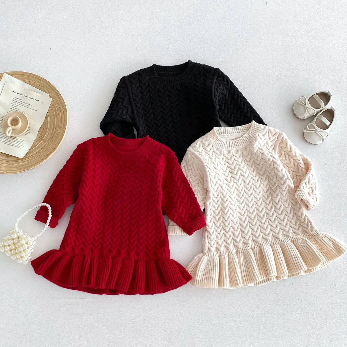 Autumn and Winter Korean Girls Sweater Dress – Long Sleeve Knitted Ruffle Dress with Twist Design and Round Neck