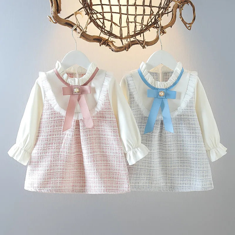 New Spring Toddler Girl Dress – Korean Fashion Cute Bow Mesh Plaid Long Sleeve Princess Outfit (BC464)