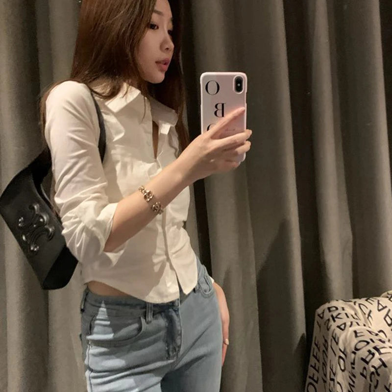 Women&#39;s Elegant Slim Blouse: Korean Y2K Cropped Shirt for Casual &amp; Office Wear