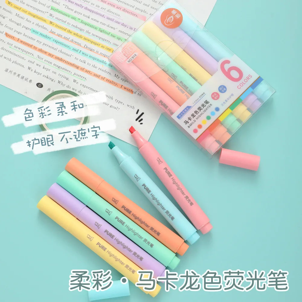 6pcs Pastel Macaron Highlighter Set - Cute Fluorescent Marker Pens for School