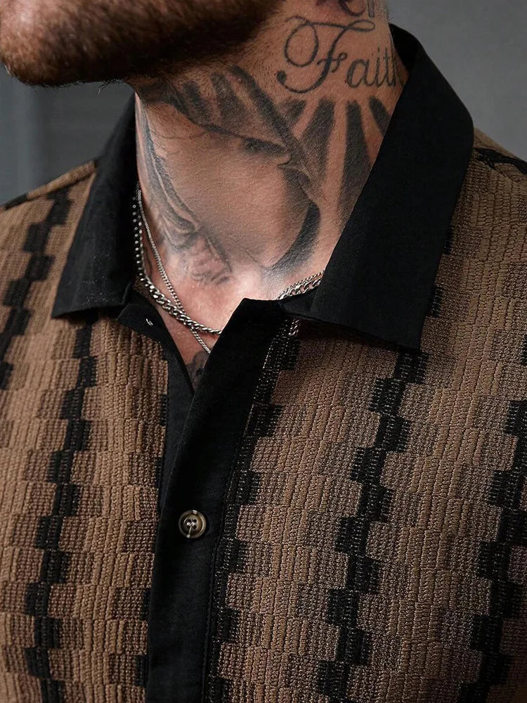Men's Vintage Plaid Knit Shirt, Breathable Textured Short Sleeve Button-Up, Casual Summer Vacation Wear