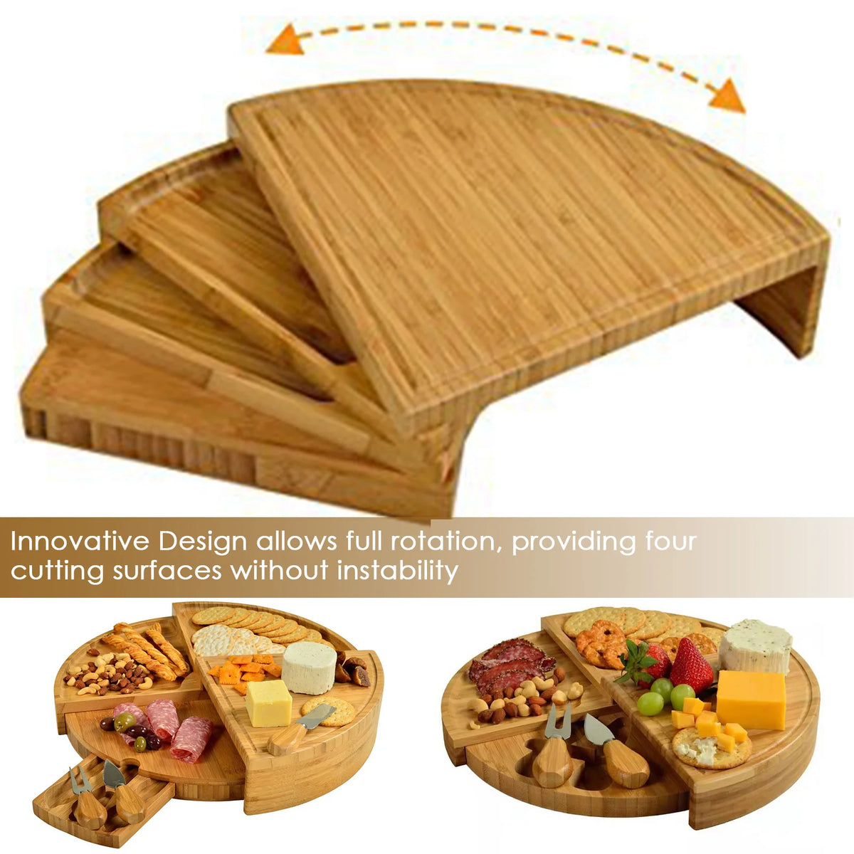 Bamboo Cheese Board with Knife Set (37 cm): Rotating Serving Plate for Entertaining and Perfect Gift Tool for Cheese Lovers