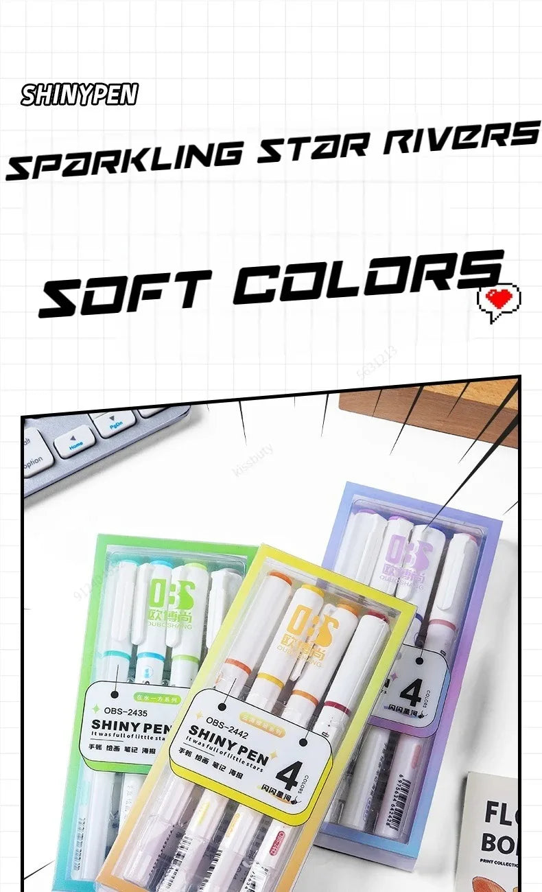 4-Color Kawaii Glitter Highlighter Pen Set - Pastel Markers for Scrapbooking