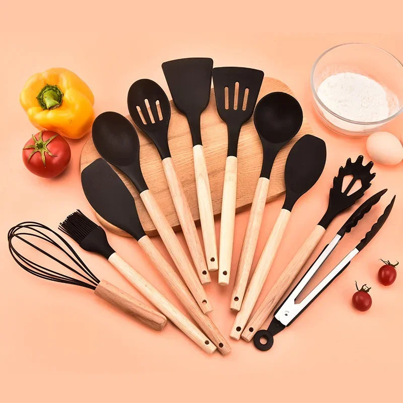 12 PCS Non-Stick Silicone Cookware Set: Kitchen Utensils with Wooden Handles – Includes Spatula, Shovel, and Egg Beaters