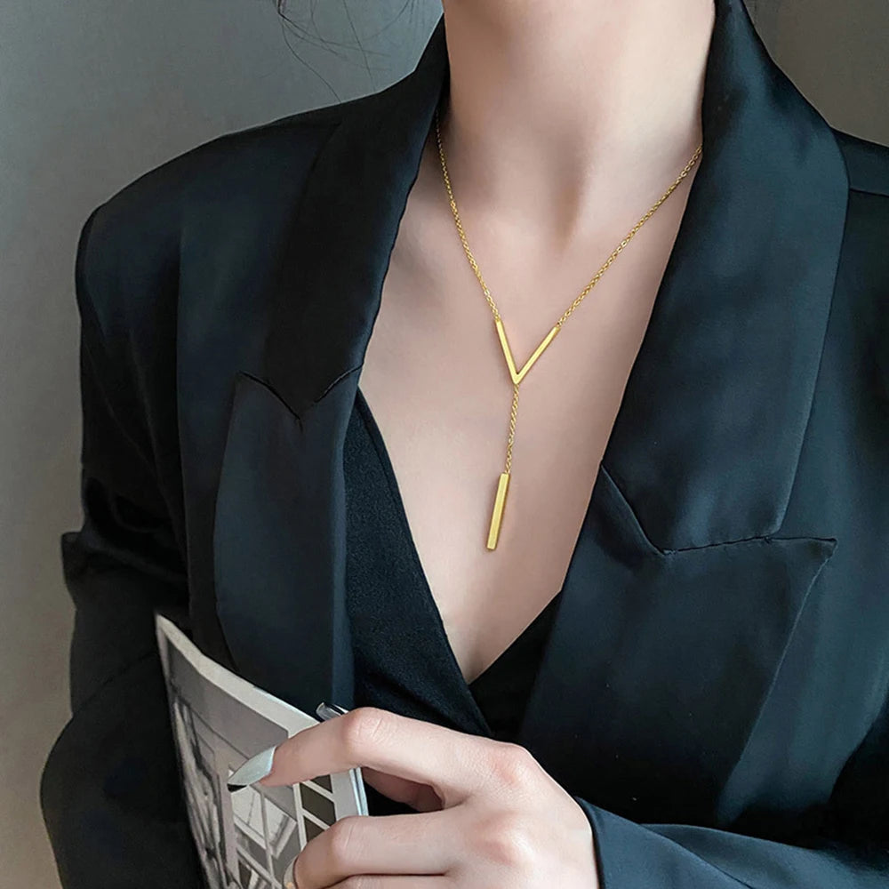 V-Shaped Long Gold Color Chain Necklace – Clavicle Choker for Women