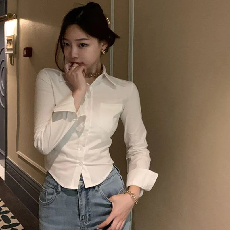 Women&#39;s Elegant Slim Blouse: Korean Y2K Cropped Shirt for Casual &amp; Office Wear