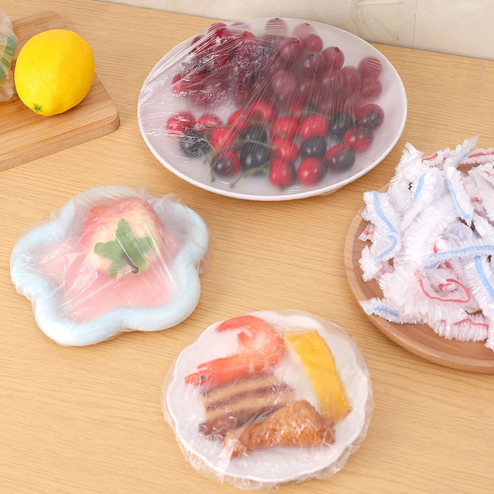 500/50 Pcs Disposable Food Covers: Elastic Plastic Shower Cap Food Grade Storage Bags for Fruits and Kitchen Organization