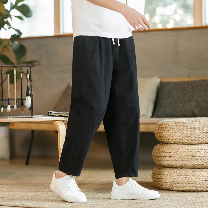 Men&#39;s Trousers Cotton Linen Fashion Casual Pants Solid Color Breathable Loose Shorts Straight Drawstring Pants Streetwear Men