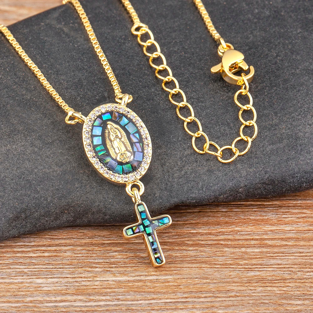 Nidin Fashion Gold-Plated Virgin Mary Cross Pendant Necklace for Women and Men, Religious Charm Jewelry