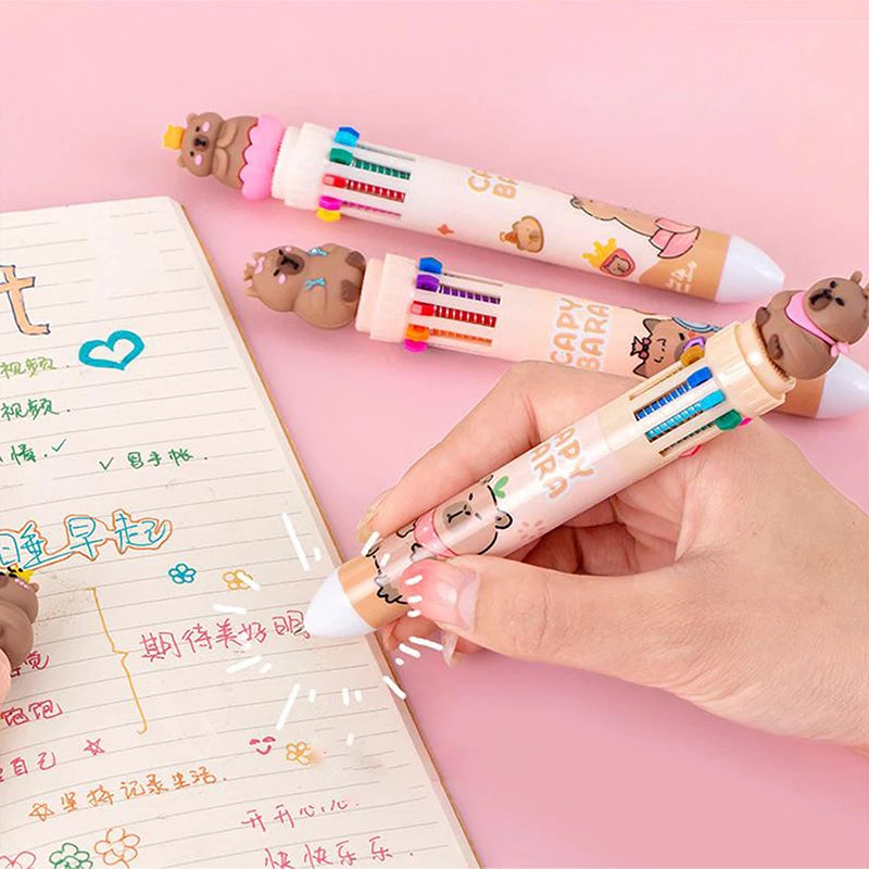 Cartoon Capybara 10-Color Ballpoint Pen - 0.5mm Gel Pen for School Supplies