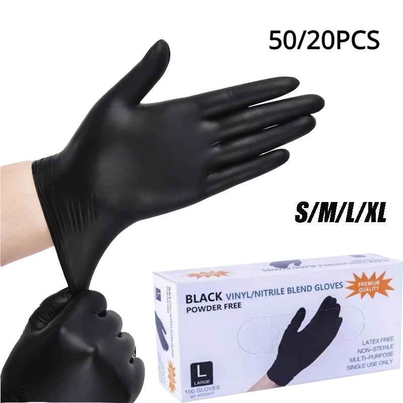 50/20PCS Disposable Black Nitrile Gloves: Latex-Free, Waterproof, and Durable for Kitchen and Beauty Use