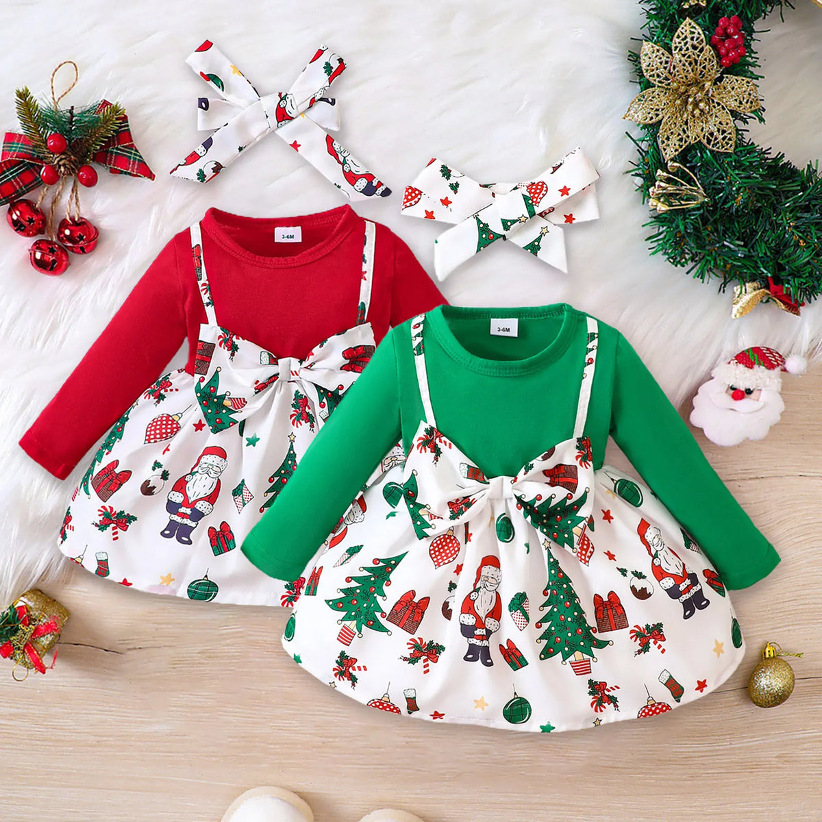 3-24M Christmas Dress for Girls – Faux 2-Piece with Big Bowknot and Cartoon Santa Claus Print for New Year 2024