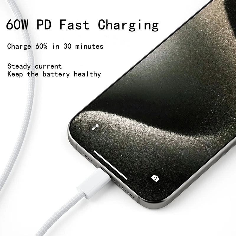 USB-C to Type-C Fast Charging Cable – PD 60W for iPhone 15, Android, Samsung, Huawei, Braided Charger Cable