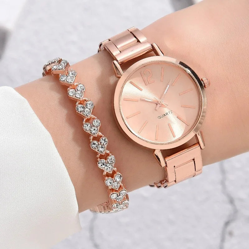 Ladies Fashion Digital Alloy Quartz Watch Set – 2-Piece Bracelet Style Luxury Watches for Women