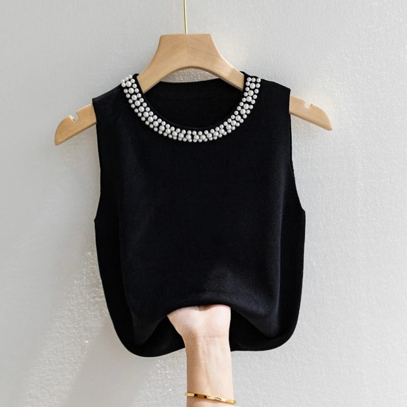 Korean Knitted Vest: Sleeveless Beaded Tank Top for Women’s Summer Fashion