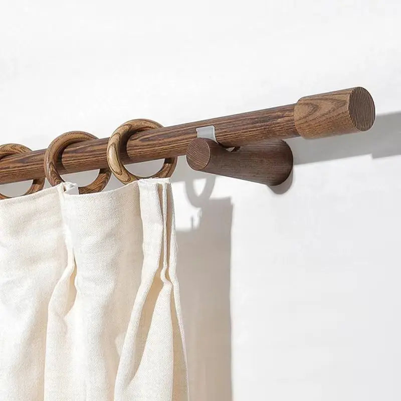 Walnut Color Single Wooden Curtain Rod Set: Premium Wax Wood Rod with Finials, Rings, and Brackets