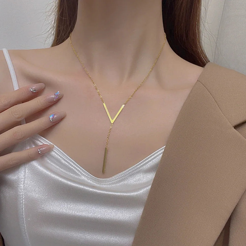 V-Shaped Long Gold Color Chain Necklace – Clavicle Choker for Women