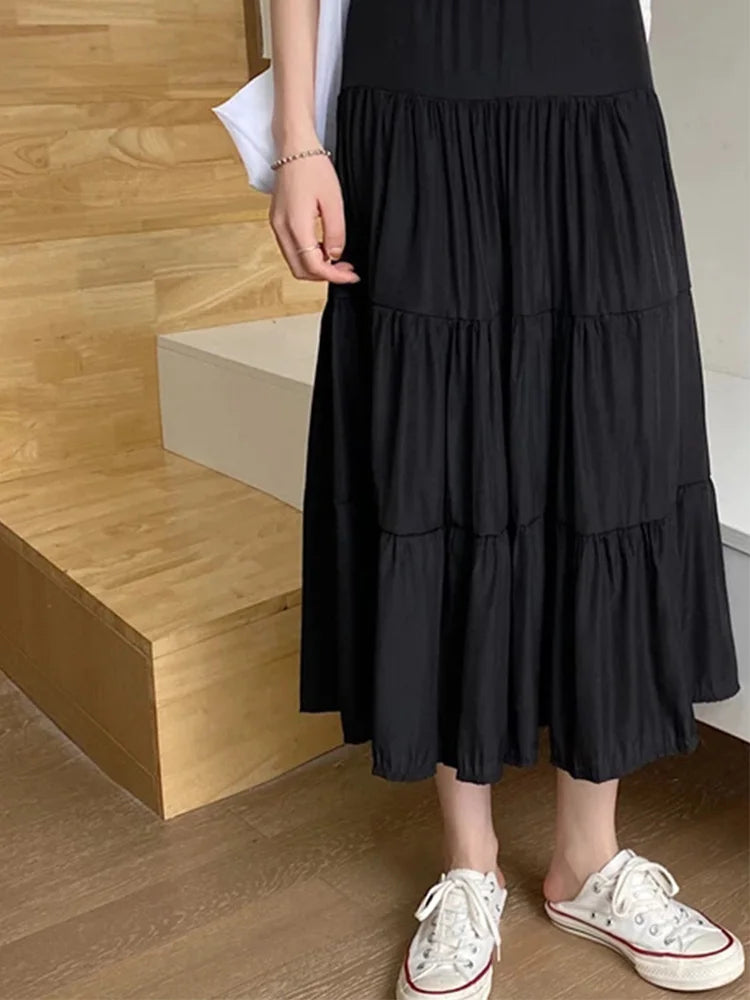 Spring Summer Women&#39;s Chiffon A-Line Skirt: Vintage High-Waist Elastic Patchwork in Black &amp; White