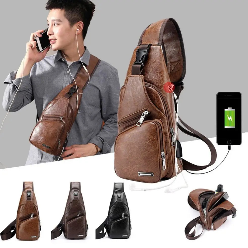 Men&#39;s Casual Chest Bag - PU USB Charging Shoulder Bag for Outdoor Sports