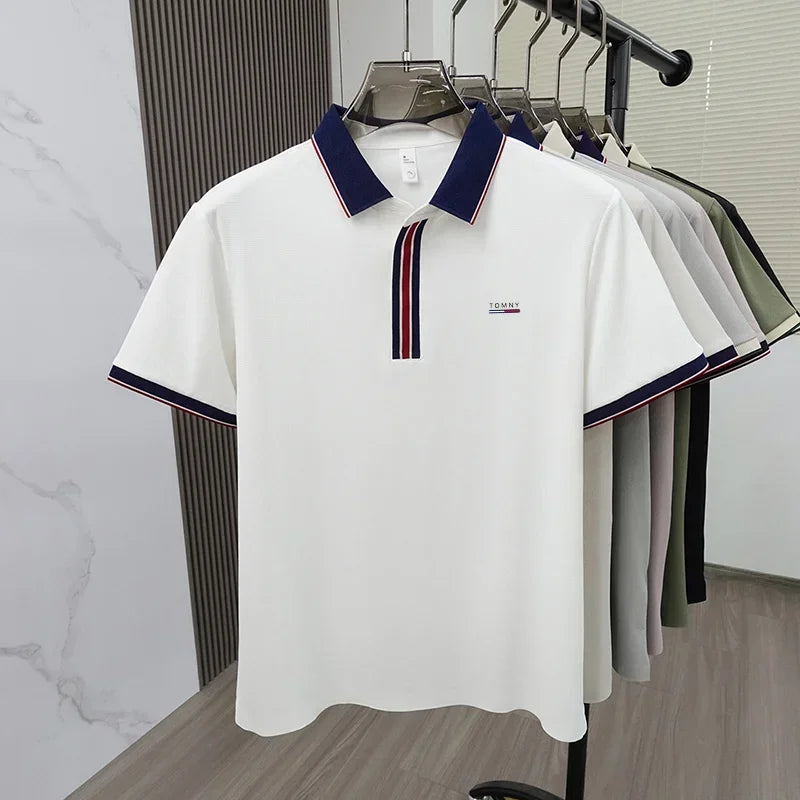 Men's Luxury Ice Silk Polo Shirt, Breathable Short Sleeve Business Casual Golf T-Shirt for Summer