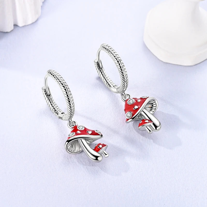 Original 925 Sterling Silver Fruit Hoop Earrings for Women, Cute Cherry Strawberry and Mushroom Charm Earrings, Fashion Jewelry Gift