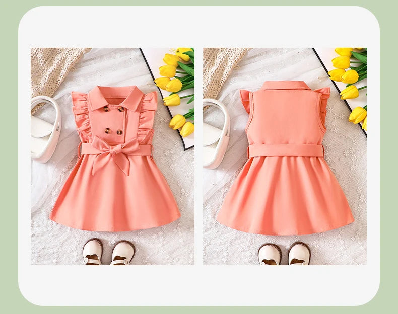 Wholesale Kids Girls Retro Solid Color Trench Dress – Belted, Double-Breasted Elegant Summer Baby Dress