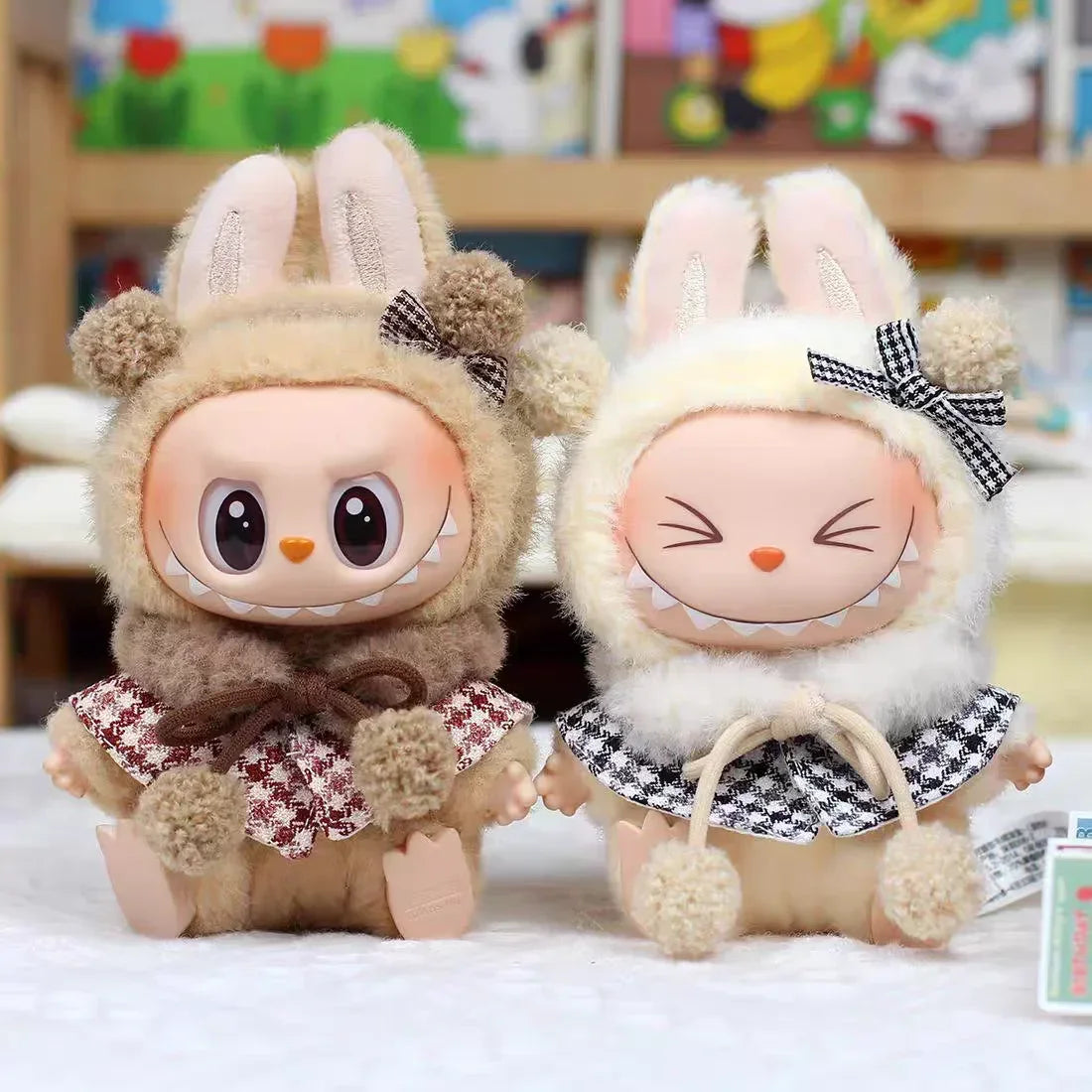 For 15cm Cute Labubu V1 V2 Mini Doll&#39;s Stylish Grid retro Cape With Beret Set Labubu Clothes Outfit Labubu Ropa Clothing Gift