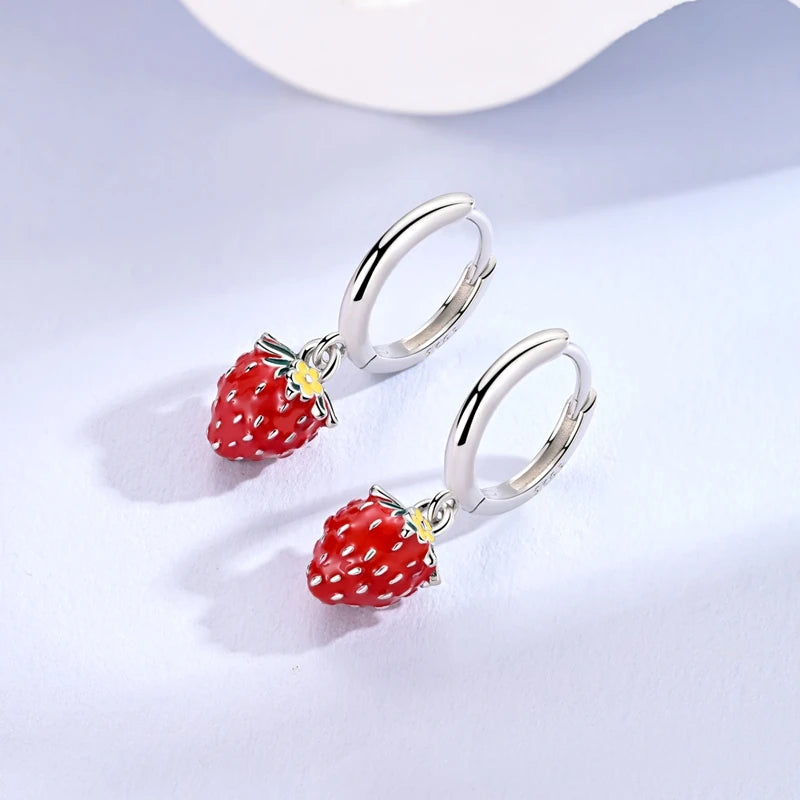 Original 925 Sterling Silver Fruit Hoop Earrings for Women, Cute Cherry Strawberry and Mushroom Charm Earrings, Fashion Jewelry Gift